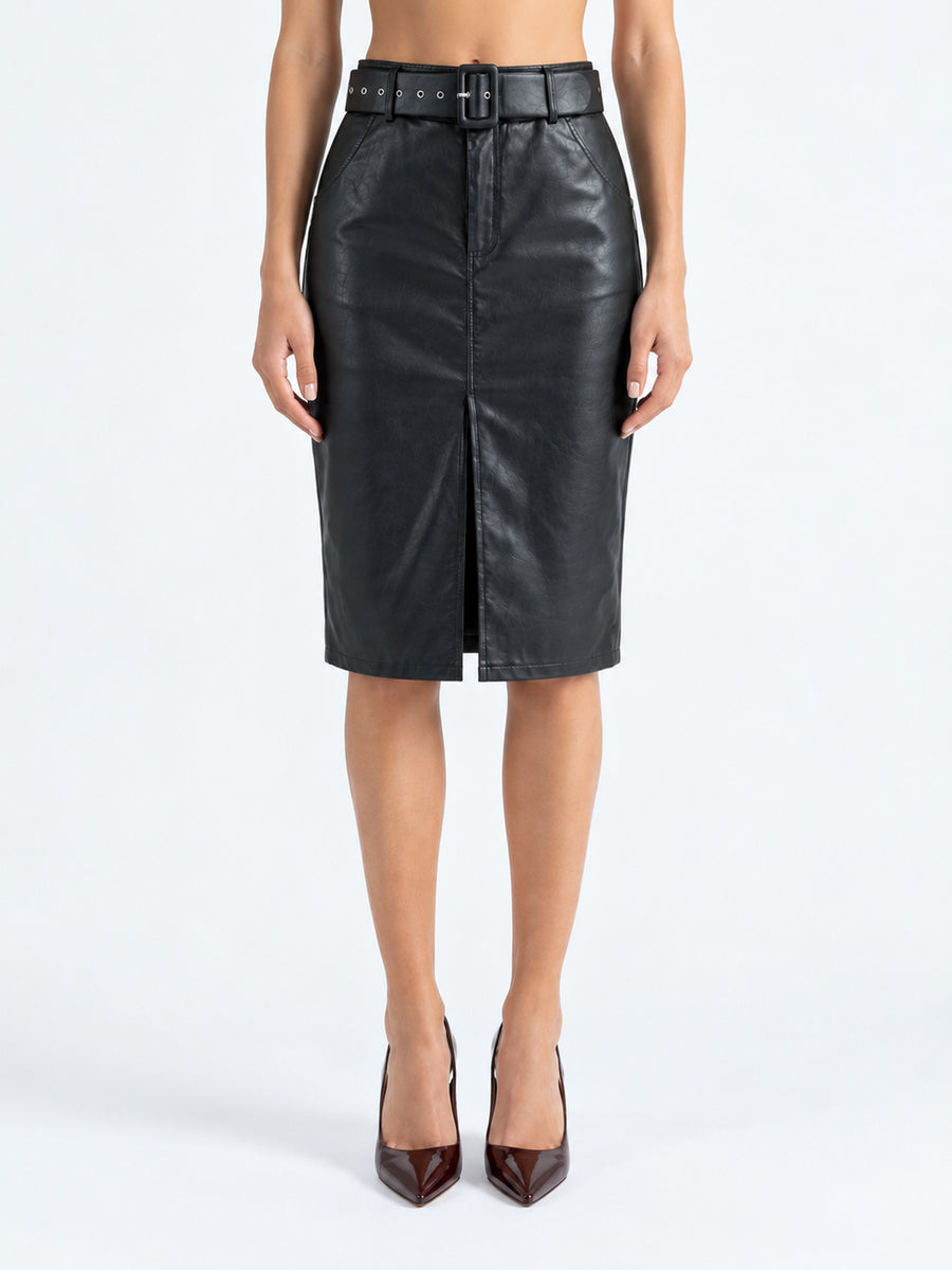 Vivienne Black Faux Leather Midi Skirt